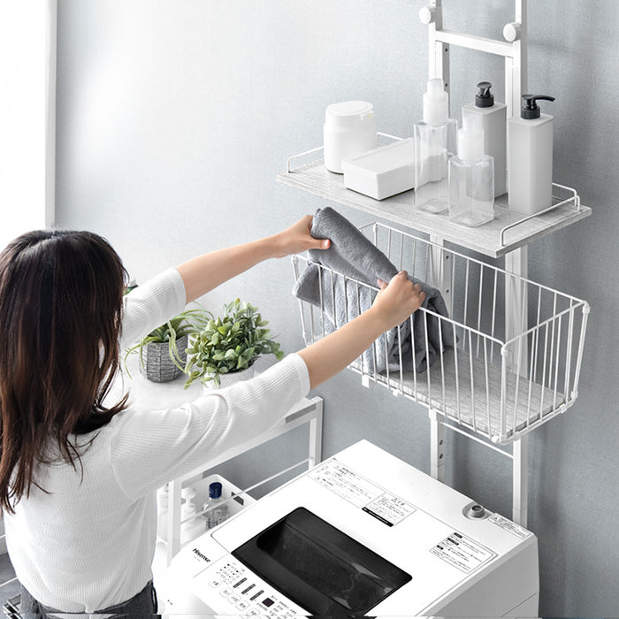ランドリーラック 突っ張り式 洗濯機収納 高さ調節 幅60 カゴ付き