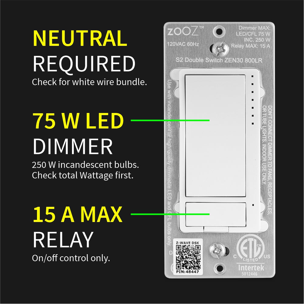 Zooz 800 Series Z-Wave Long Range Double Switch ZEN30 800LR (White