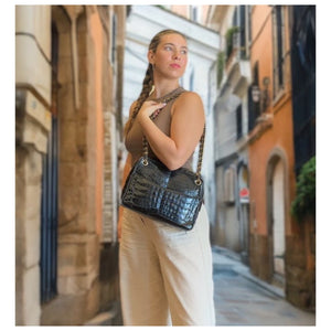 Chanel 80s Black Shiny Alligator Camera Shoulder Bag - TheRelux.com