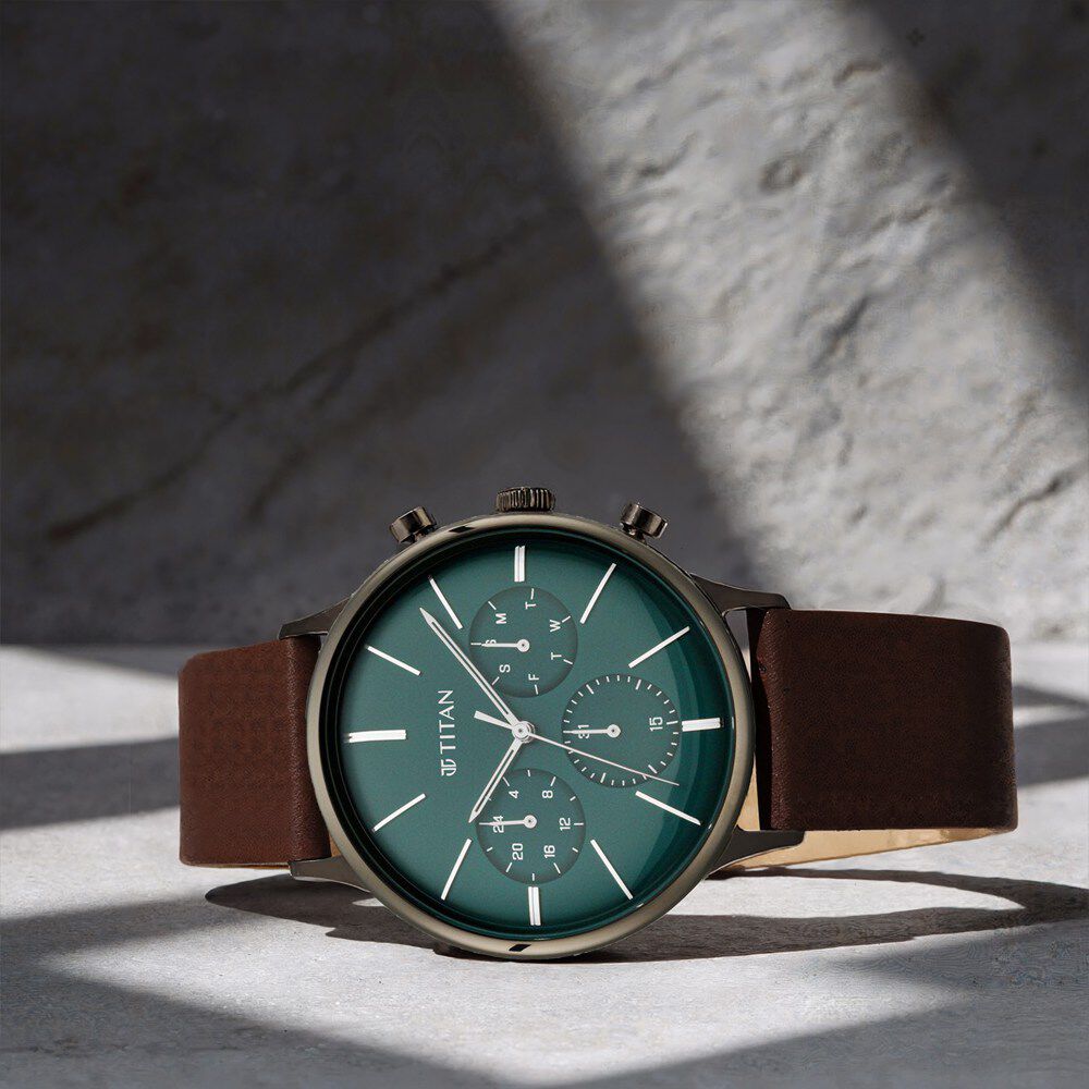 Buy Online Titan Quartz Multifunction Green Dial Leather Strap