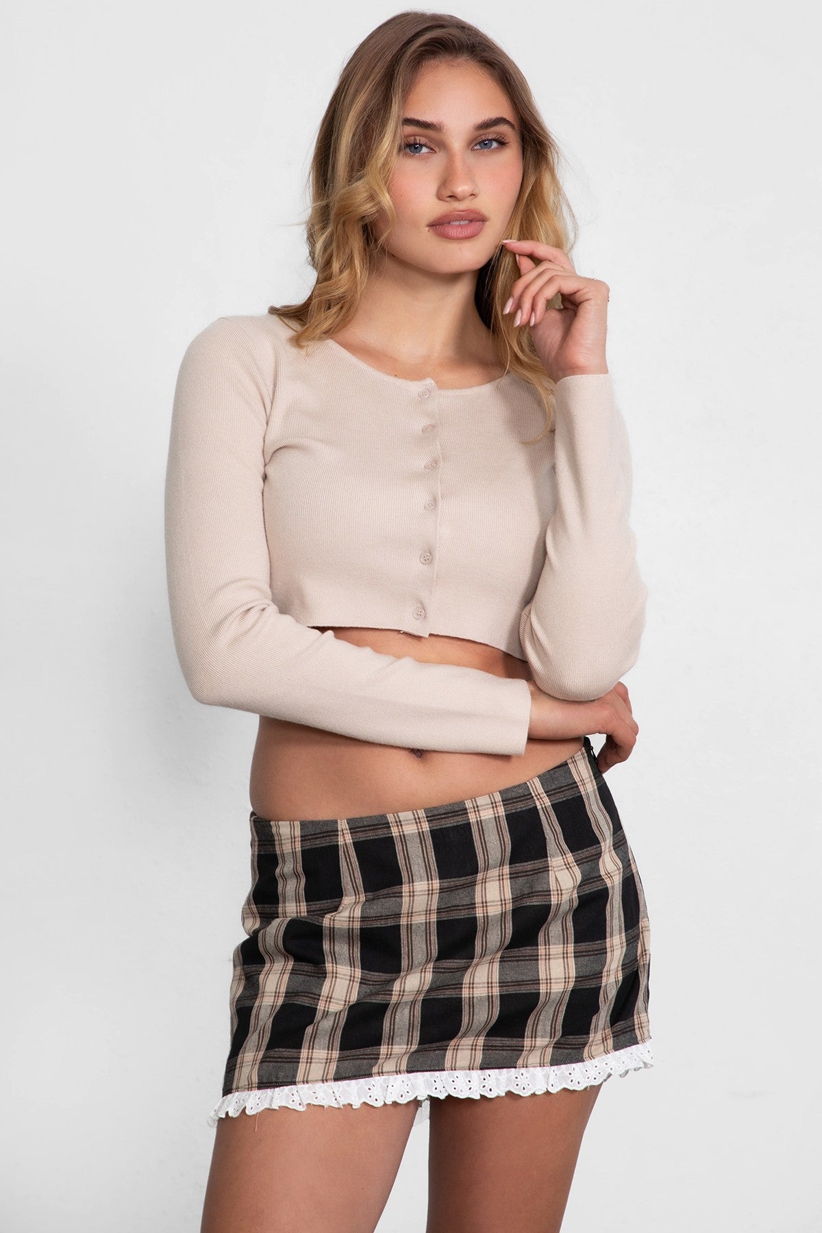 TIC TOC ALIAH Micro Ribbed Knit Long Sleeve Crop Top – Button-Down