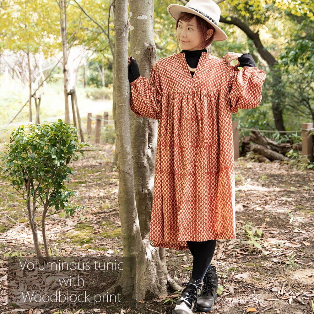 インド伝統 ウッドブロックプリントのボリュームチュニック の通販
