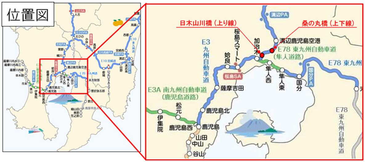 九州道／溝辺鹿児島空港IC～姶良IC、8月18日～12月下旬に終日対面通行
