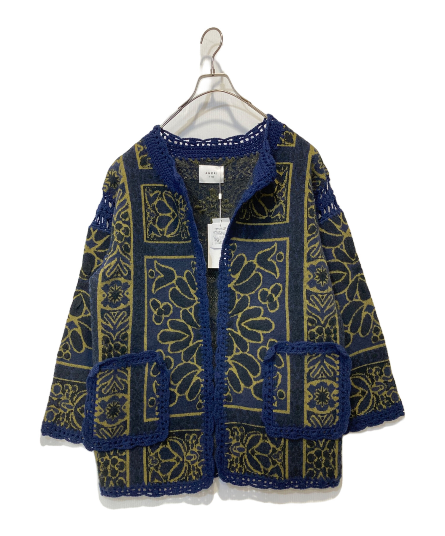 中古・古着通販】AMERI (アメリ) RUG PATTERN KNIT JACKET ネイビー
