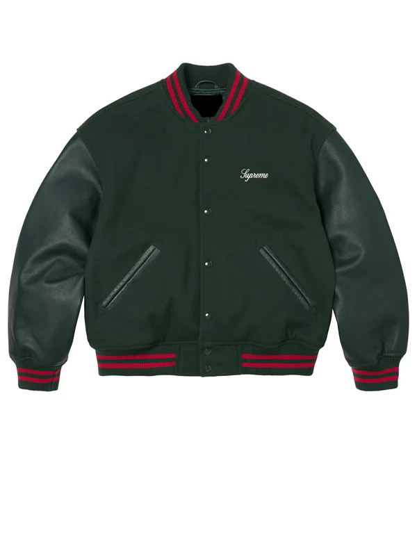 Supreme Cross Varsity Jacket - Green Wool & Leather Style