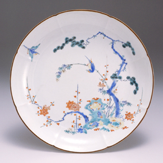 色絵松竹梅岩鳥文輪花皿