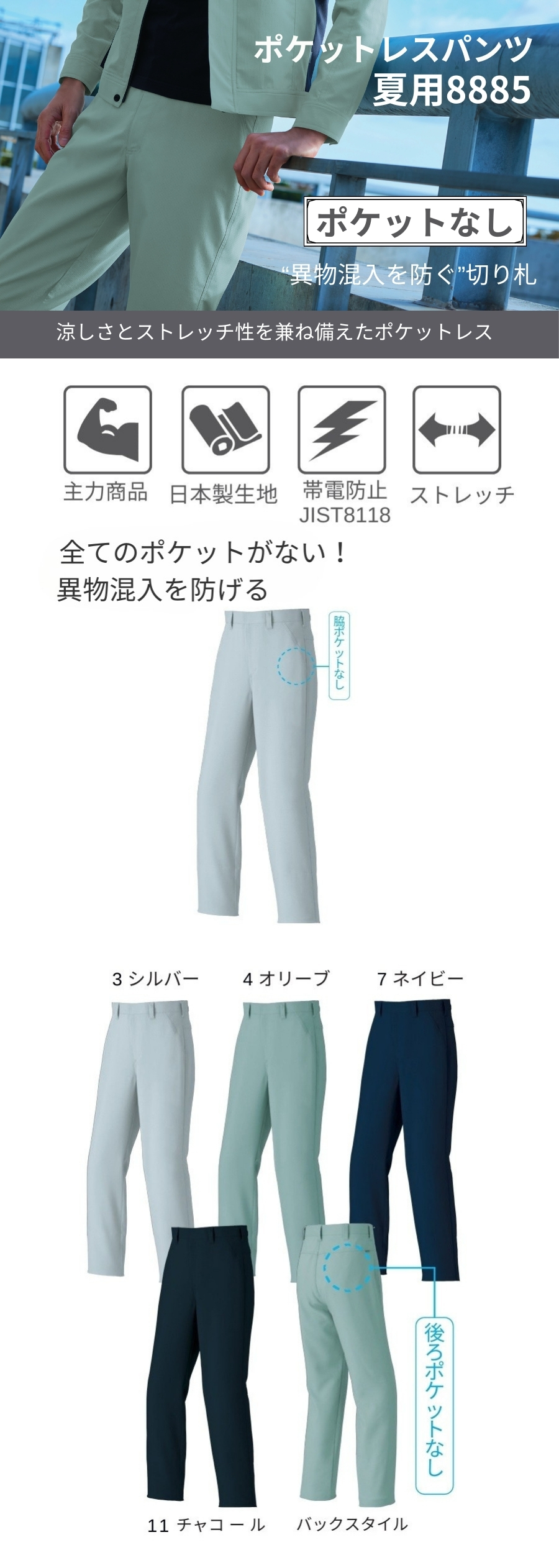 夏用作業着】ポケットレス帯電防止パンツ ASAHICHO 8885｜JIS T8118