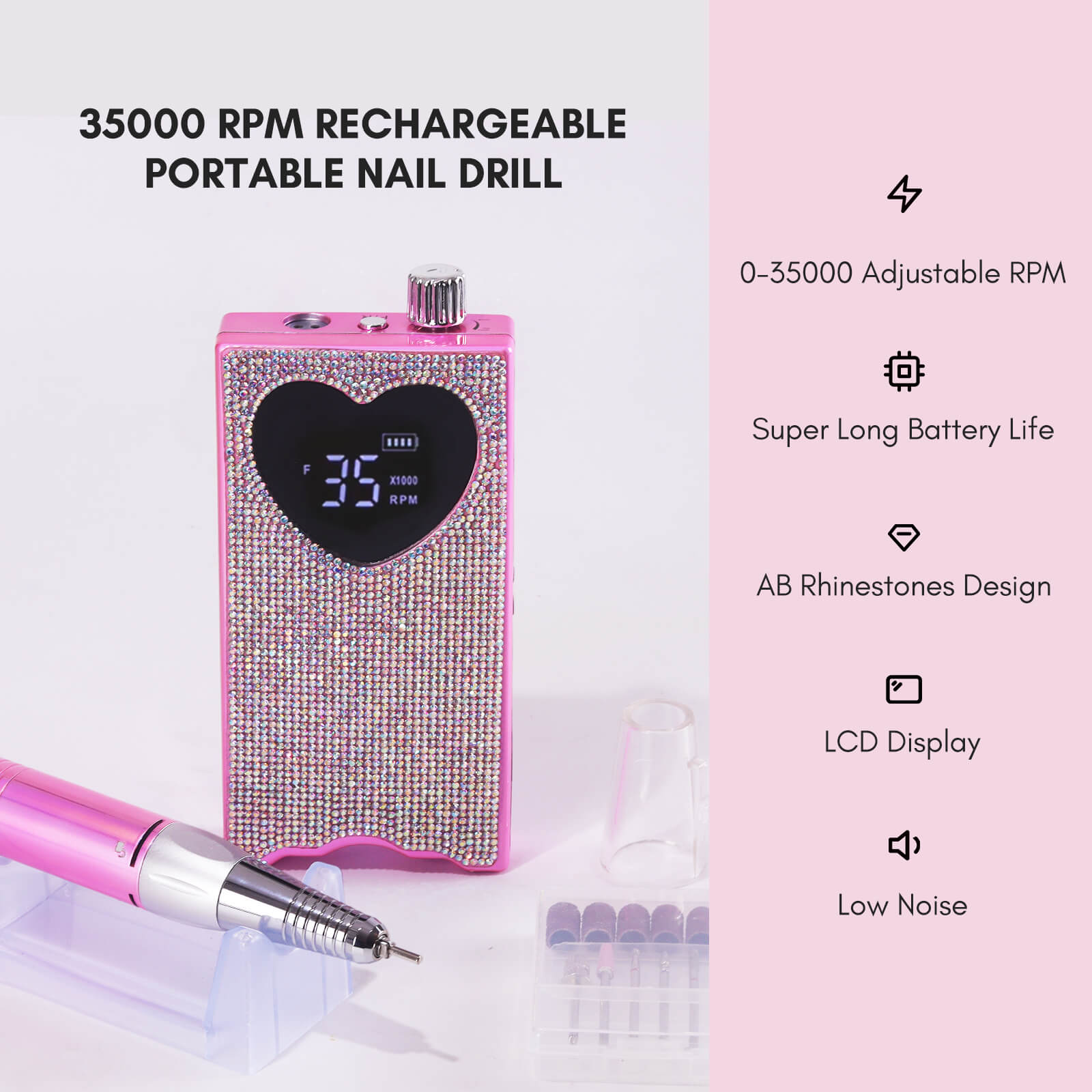 Electric Nail File Machine AB Rhinestone Pink Nail Drill – Vettsy