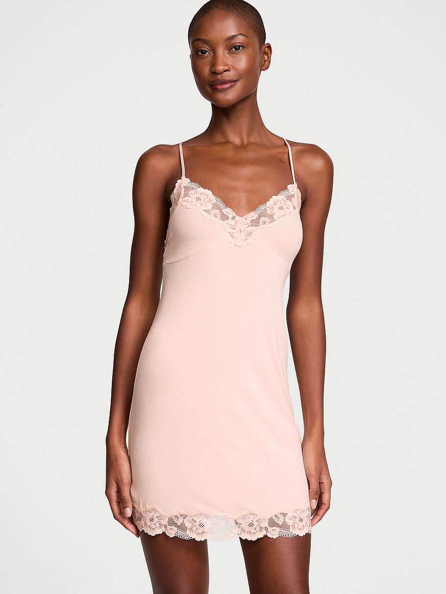 Buy SoSoft™ Modal Ribbed Lace-Trim Cross-Back Slip Dress, Purest