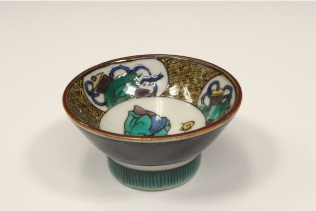 無形文化財 九谷焼 初代 徳田八十吉 吉田屋写 花鳥文 酒盃 酒器 脚付盃