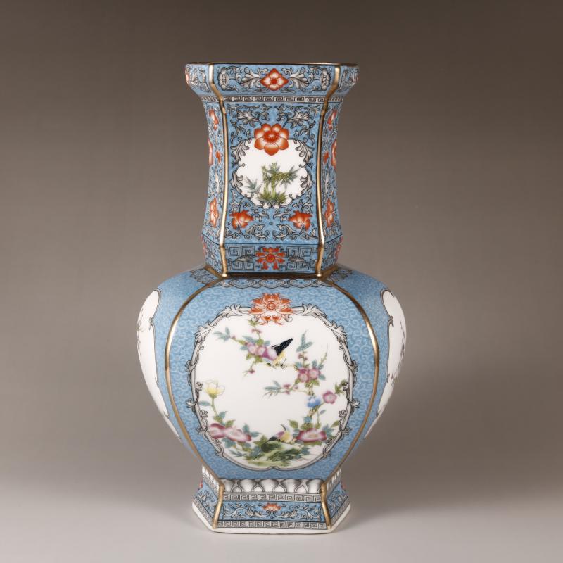 清雍正摘糸琺瑯彩富貴花鳥紋長筒瓶 景徳鎮 陶磁器 装飾品 現代工芸品