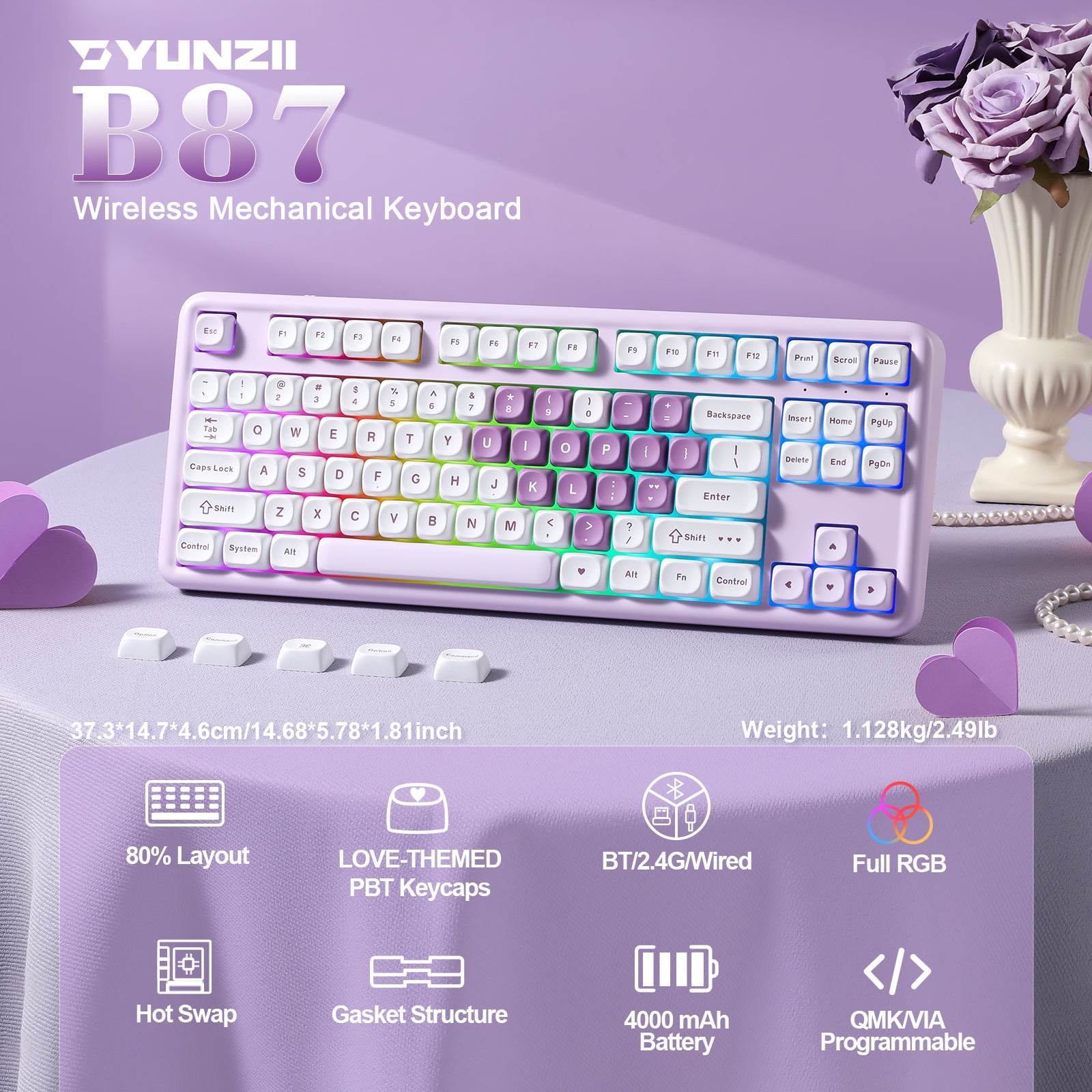 YUNZII B87 Purple Heart QMK/VIA Custom Mechanical Keyboard