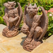 Set of 2 Magnesium Gargoyle Statues in Antique Rust 