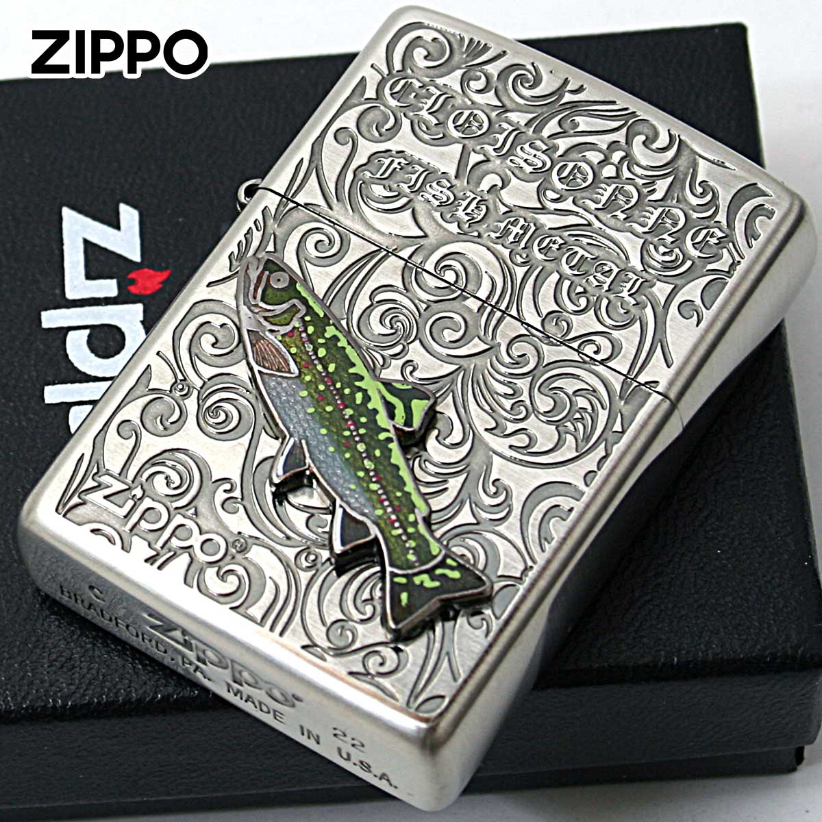 Zippo ジッポー ブラックトラウト ヴィンテージ 七宝メタル 淡水魚