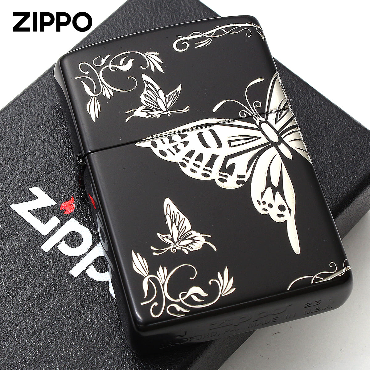 Zippo ジッポー 蝶々 バタフライ アラベスク 唐草 3面連続加工 イオン