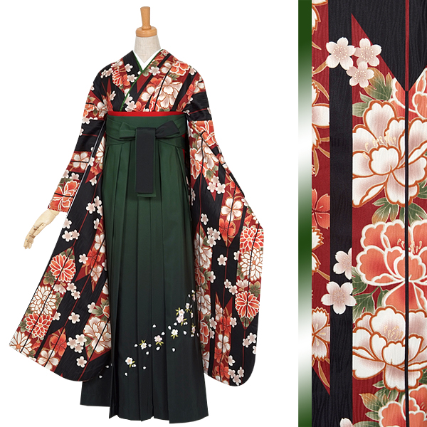 振袖袴： R648 黒 矢羽根に牡丹│ 袴レンタル │ 京都着物レンタル夢館