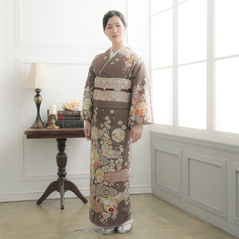 訪問着：H1209 ジャパンスタイル モカブラウン 雲取りに雪輪花| 訪問着