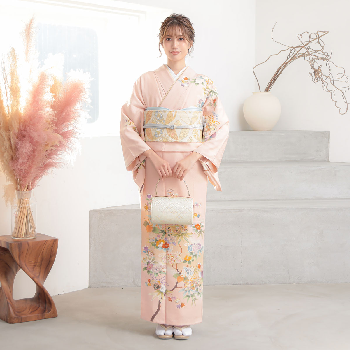 訪問着：H233 ピンク 椿と桐（金駒刺繍）| 訪問着レンタル │ 京都着物