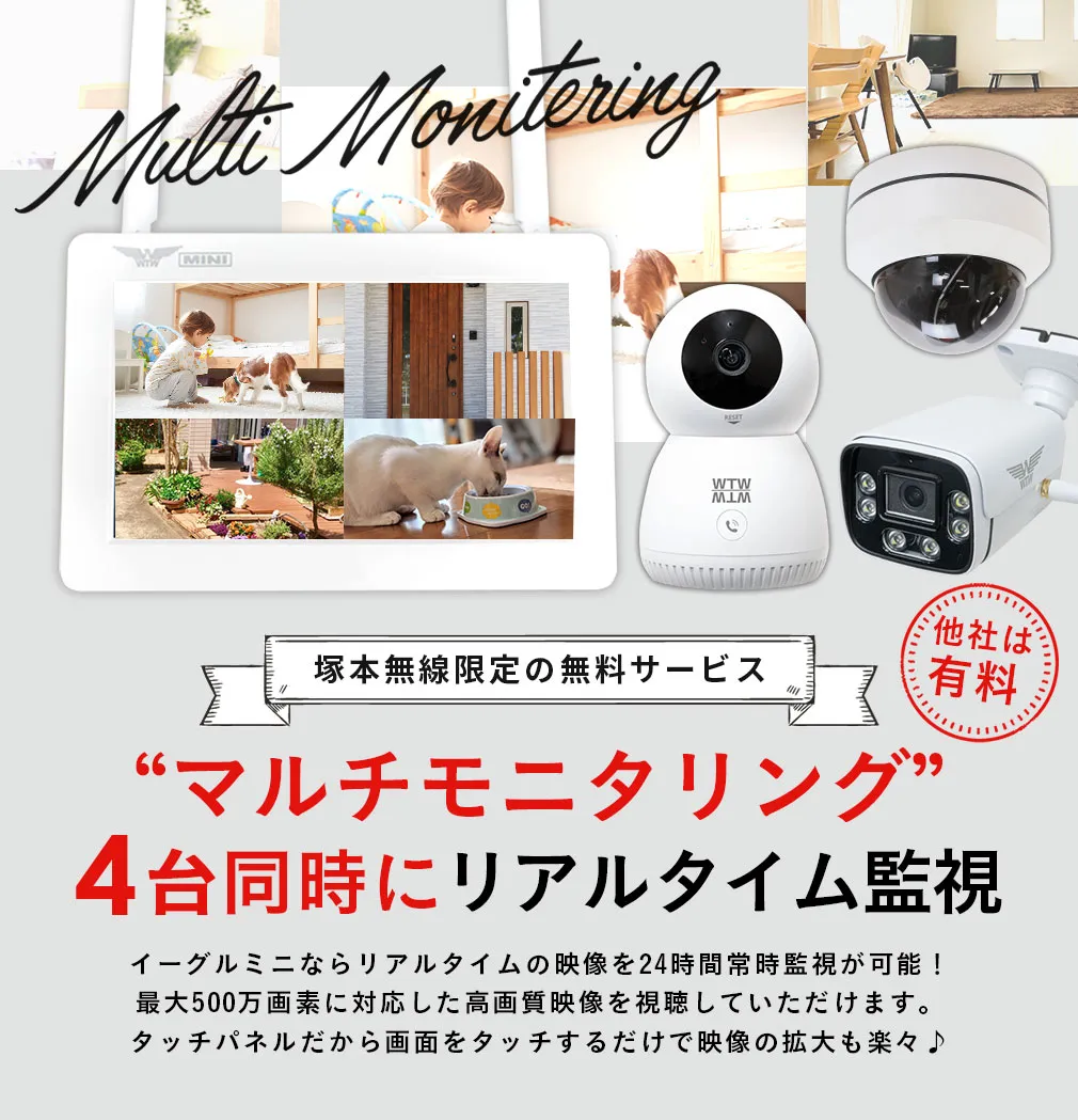 WTW塚本無線公式】WIFI ペットカメラ 玄関灯 防犯灯カメラと7インチ