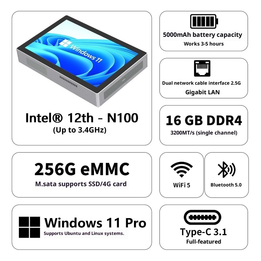 Higole F9B Pro Mini PC 7' N100 Windows 11 WiFi5 BT5.0 Touch Screen