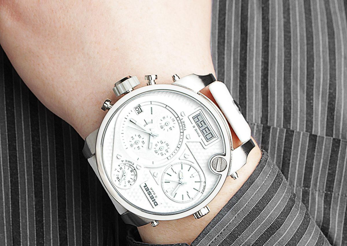 DIESEL BIG DADDY Mens Watch DZ7194 White Leather Chrono Oversize