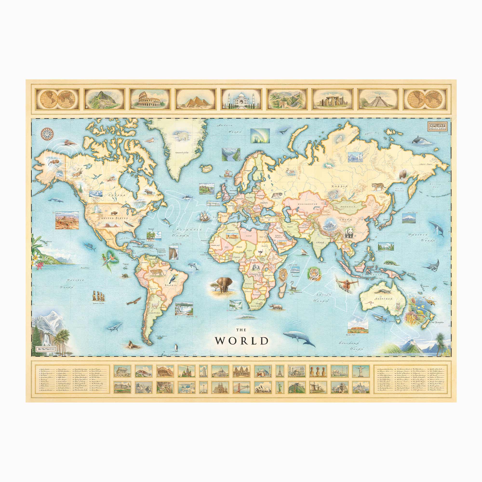World Map Hand-Drawn Art Print 32x24 | Xplorer Maps