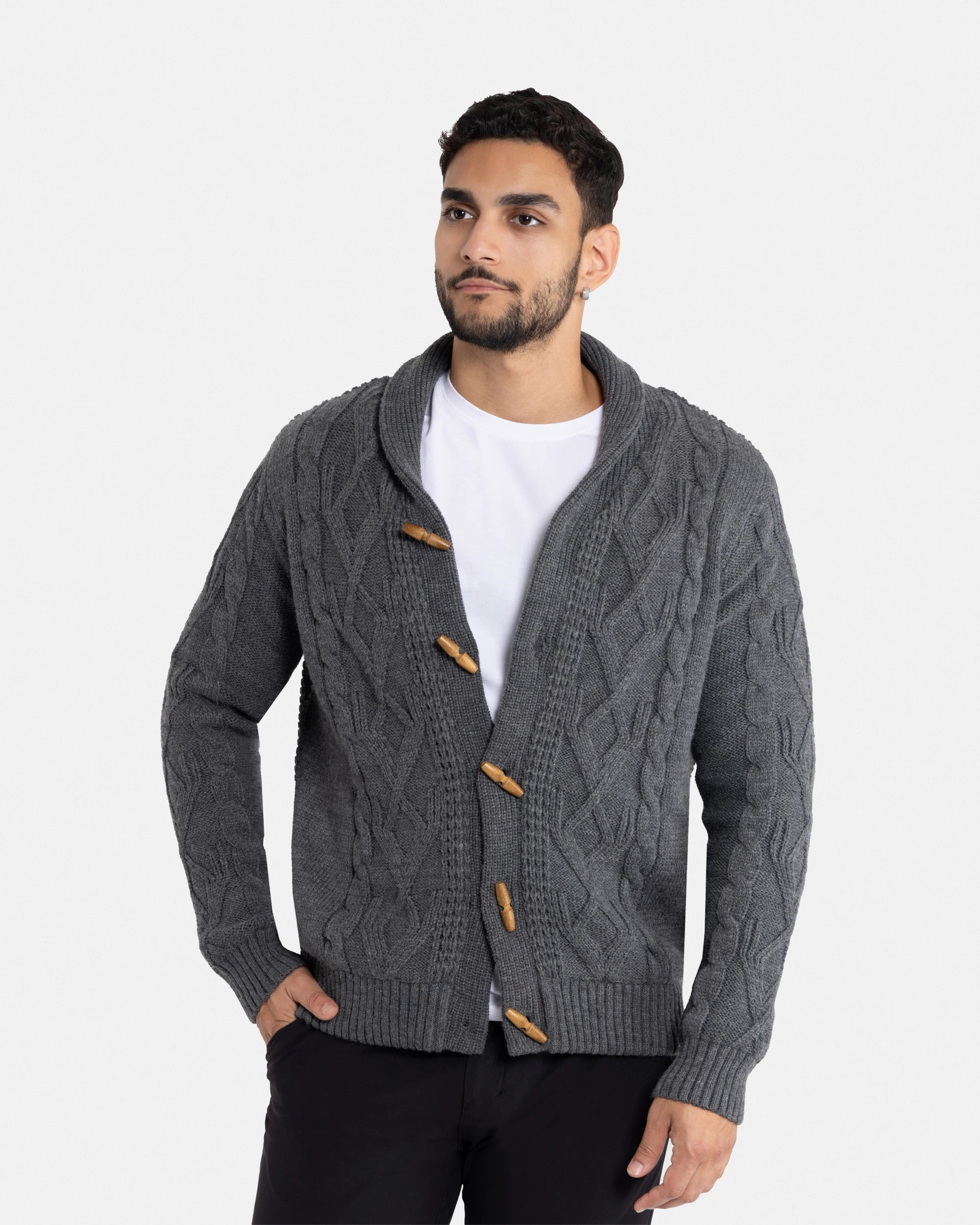 X RAY Men's Faux Shearling Waffle Knitted Shawl Collar Cable Knit