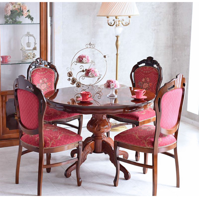 イタリア製 象嵌ラウンドダイニングセット5P （レッドフラワー