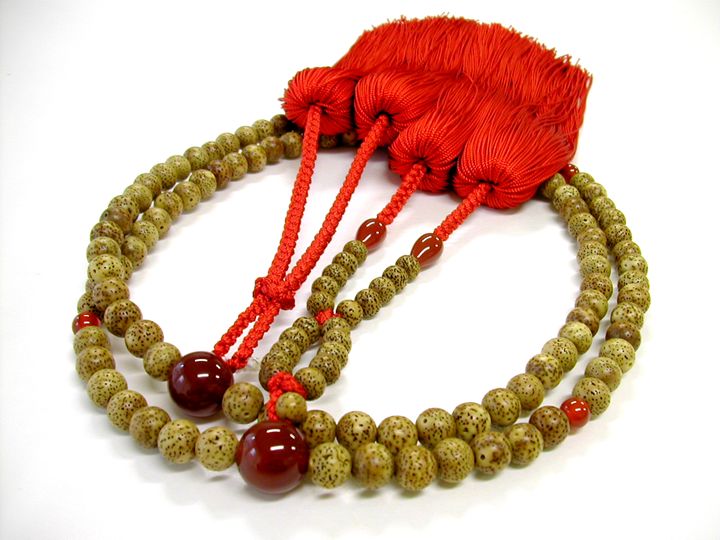 星月菩提樹尺六出頭用装束 朱正絹切房 瑪瑙仕立(紙箱付き) お数珠の