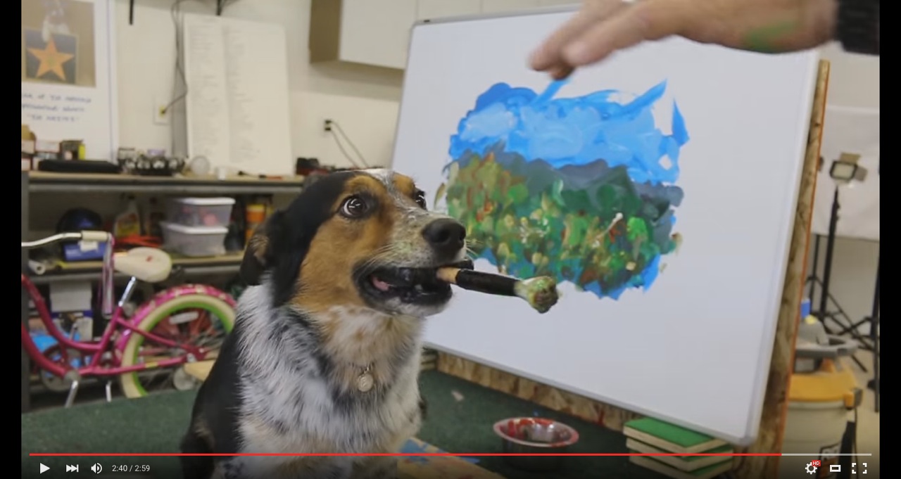 絵筆を自在に操る天才ワンコ！ ジャンピー君が風景画を描く動画に絶賛