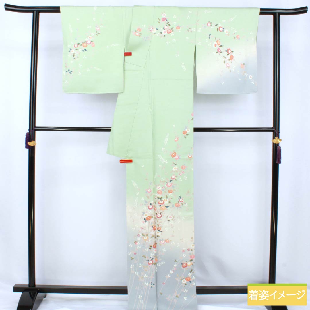 リサイクル着物】訪問着 正絹 Sランク 袷 身丈166.5cm 裄丈62cm 薄緑色