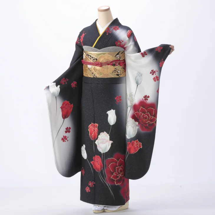 f0520056r】【黒系】振袖 レンタル フルセット Mサイズ 【状態:A