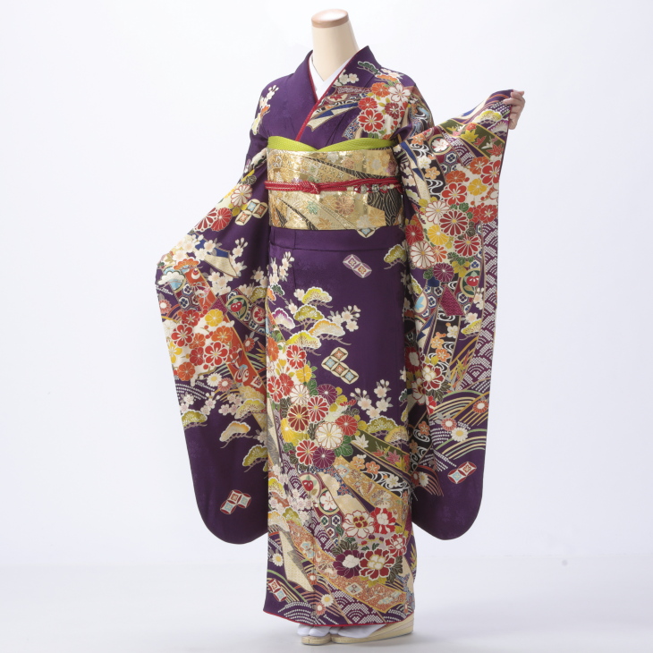 f0420007r2】【紫系】振袖 レンタル フルセット Lサイズ 【状態:A