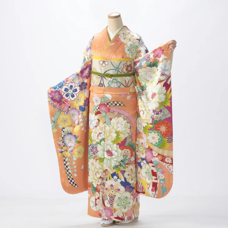 f0525366r】【ピンク・オレンジ系】振袖 レンタル フルセット Lサイズ