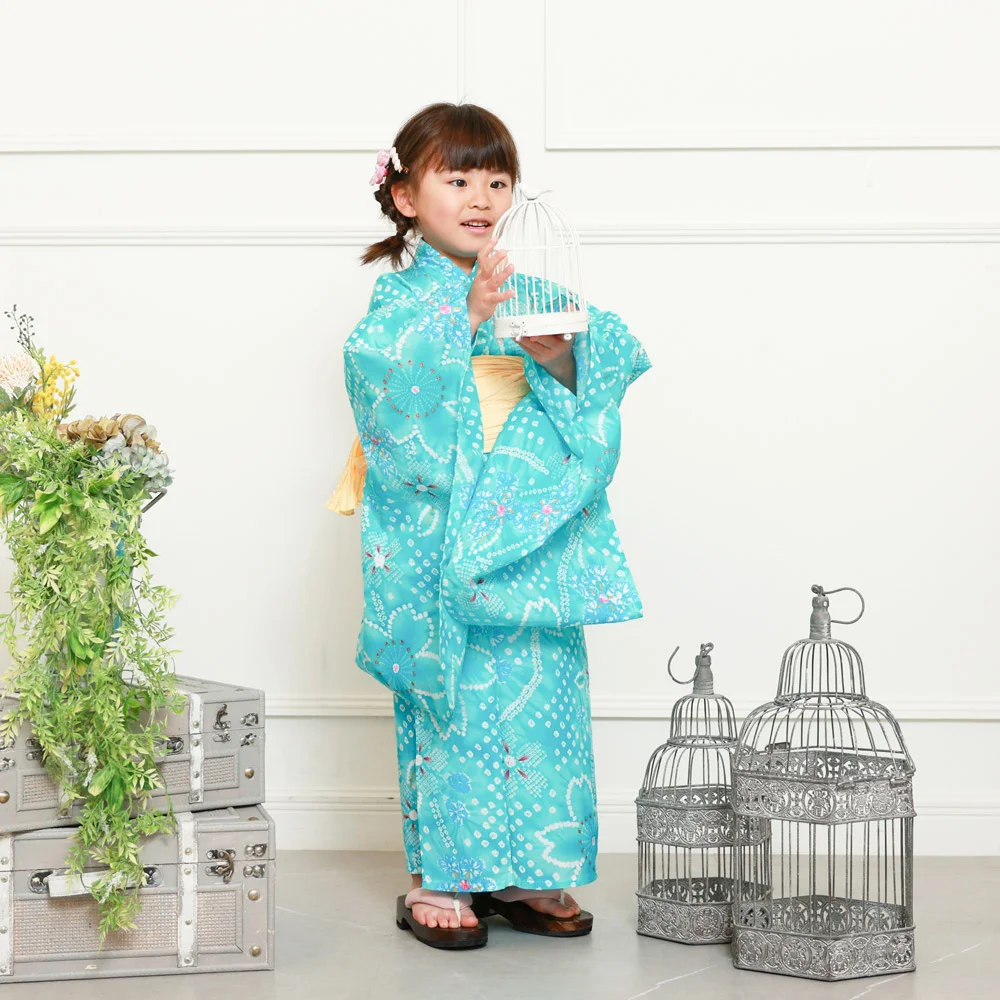 y2442002】浴衣 女の子 兵児帯 2点セット 人気の朝顔＆桜 絞り風