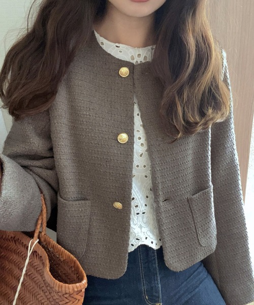 LAUIR（ラウアー） ジャケット ノーカラージャケット 金ボタンツイード