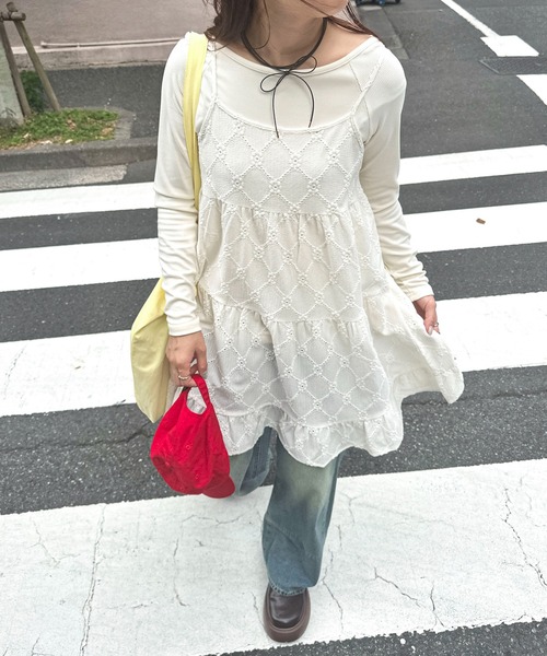 PILIT ワンピース カットレース ティアードキャミワンピース