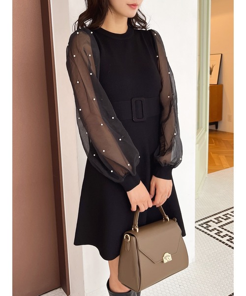 MIIA（ミーア） ワンピース パールスリーブ長袖ミニフレアワンピース