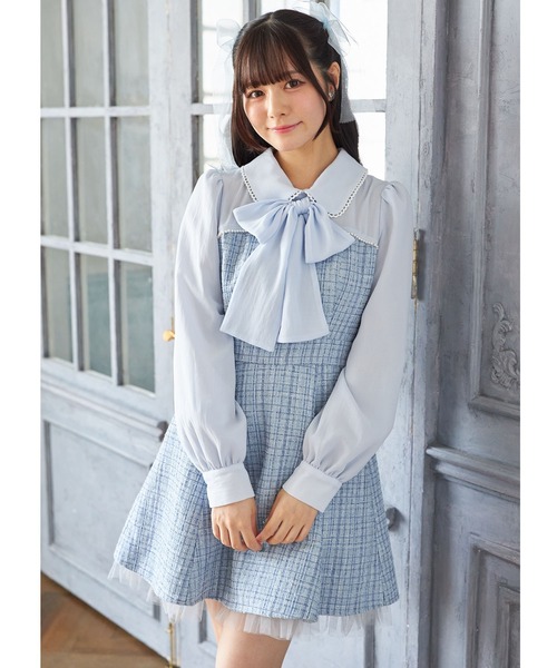 Suyunn ワンピース 2WAYリボン付きラメツイードドッキング