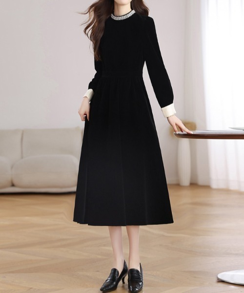 Diosfront ワンピース 袖配色襟パールデザインベロアワンピース