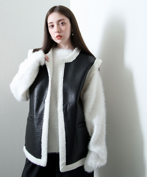 Nilway（ニルウェイ） ベスト ジレ PUレザームートン ボア ベスト