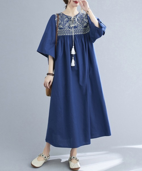 ワンピース 七分袖エスニック刺繍ワンピース : ZOZOTOWN Yahoo!店
