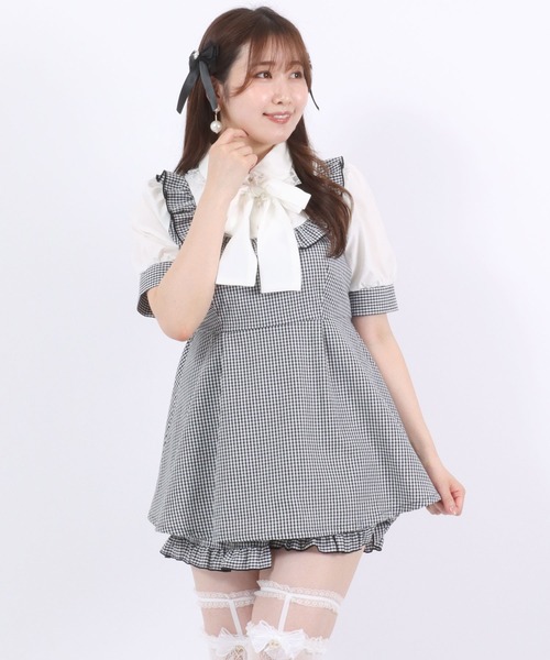 セットアップ リボンブラウス チェック柄ミニスカートワンピース