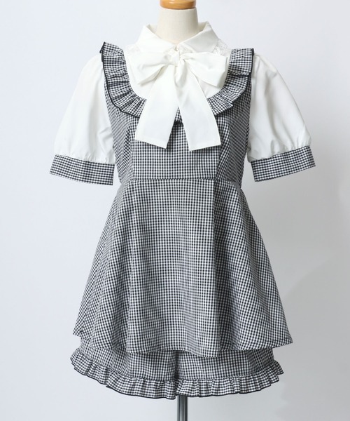 セットアップ リボンブラウス チェック柄ミニスカートワンピース