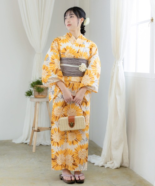 KIMONOMACHI 浴衣 レディース 浴衣としわ兵児帯の2点セット Fサイズ 綿