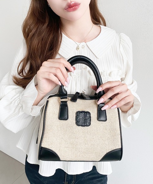 moment+ ボストンバッグ レザーモチーフロゴ配色キャンバスボストン