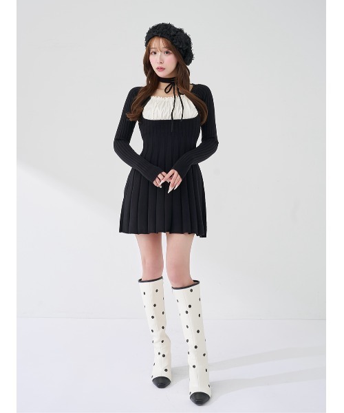 Darich ネックリボンデザインフレアニットミニワンピース FL BLK