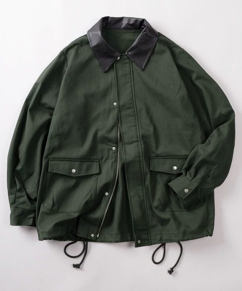 ブルゾン アウター 「96」襟フェイクレザー ツイル ハンティング