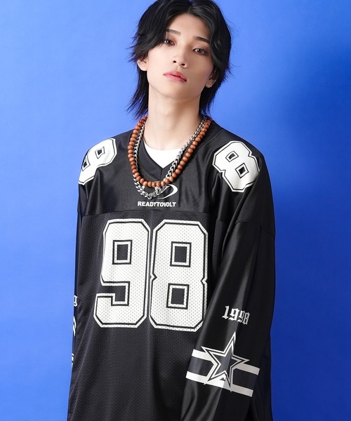 tシャツ a.p.o.v. ナンバリングプリントシャイニー＆メッシュコンビ