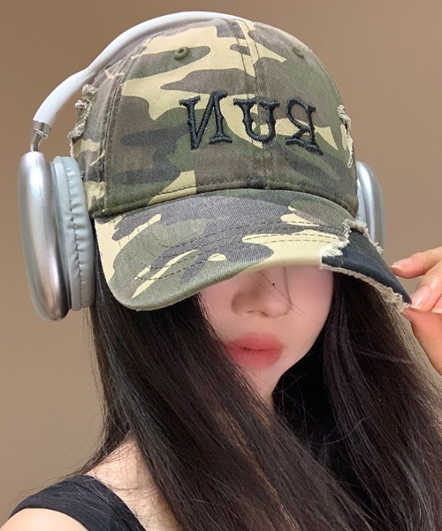 キャップ 帽子 フロントロゴカモフラダメージキャップ レディース